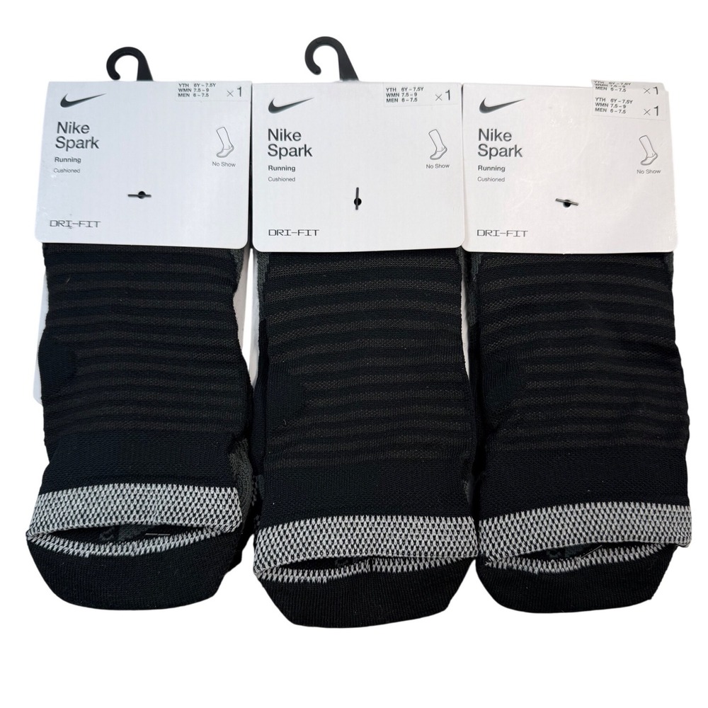 3 Pairs Nike Spark Cushioned No Show Running Socks Black Womens 7.5-9 NWT